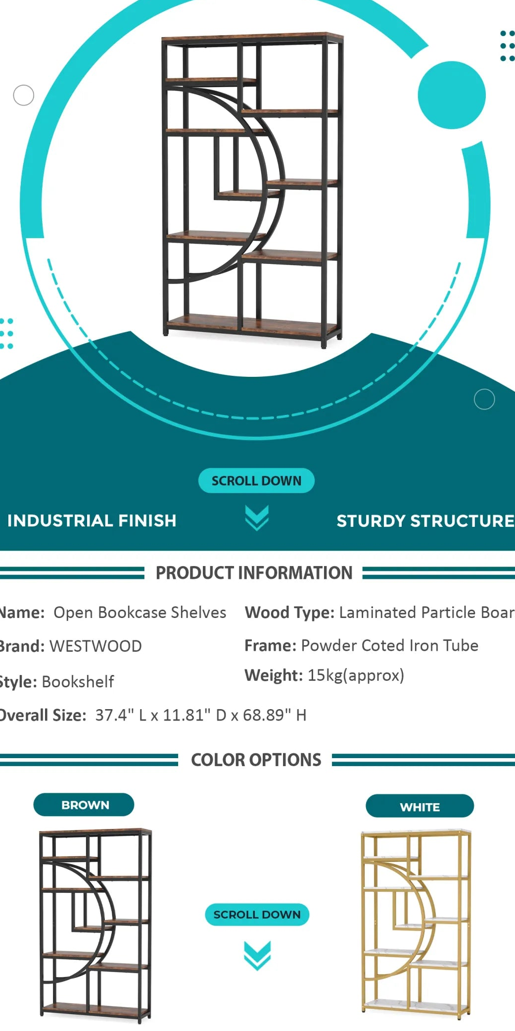 Bookshelf 5 Tier Bookcase, Industrial Free Standing Bookshelves for Bedroom, Living Room and Home Office
