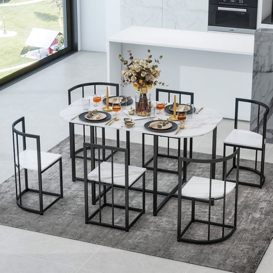 7-Piece Dining Table Set With Faux Marble Kitchen Table Set